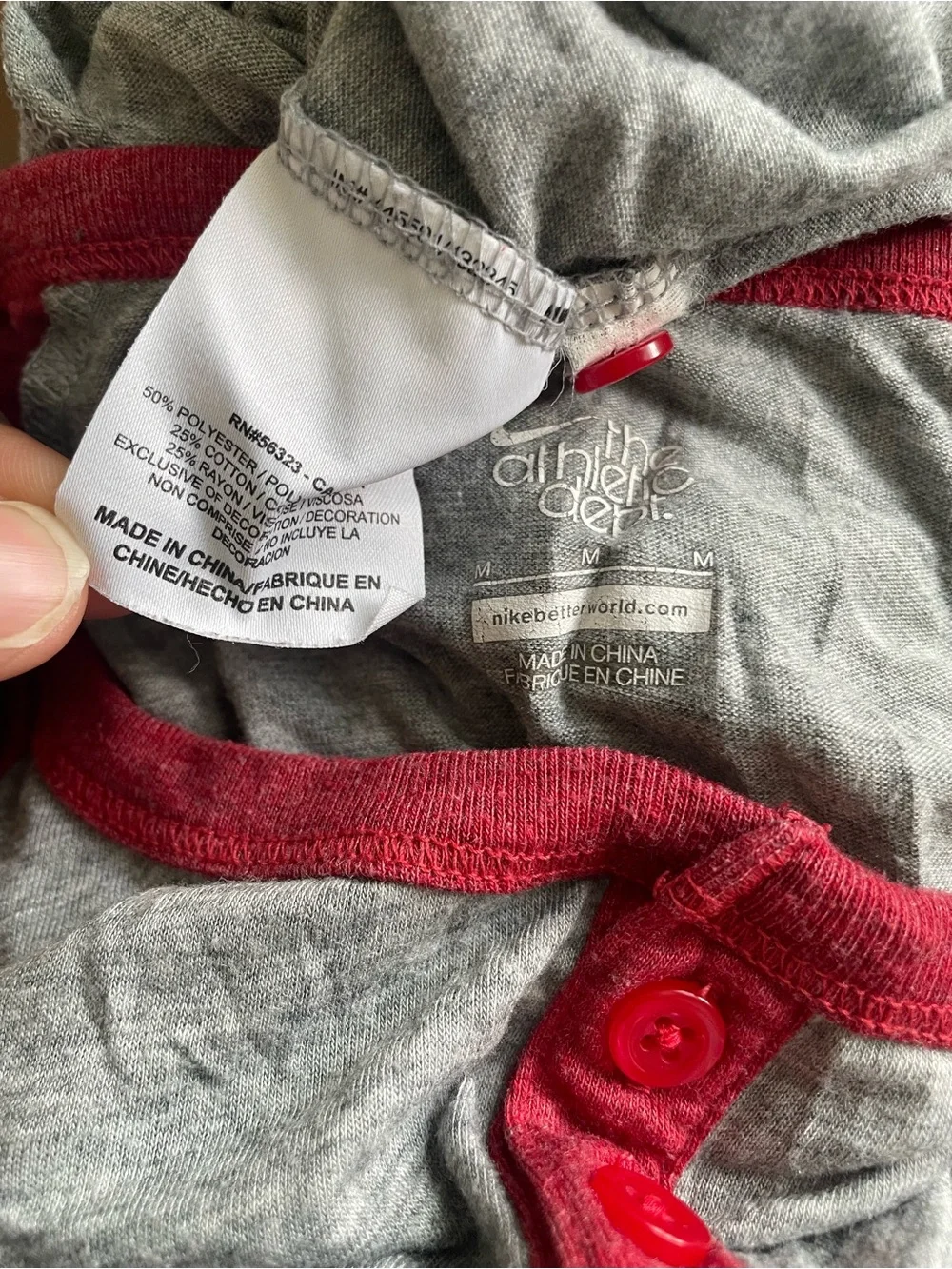 Nike The Athletic Dept. Gray & Red Henley Quarter Sleeve Tee Women’s Size M